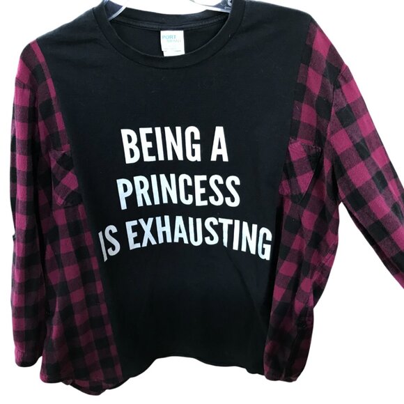 Reworked Flannel Tee, Size M-L: Upcycled Oversized Princess Graphic Pullover - Picture 10 of 11